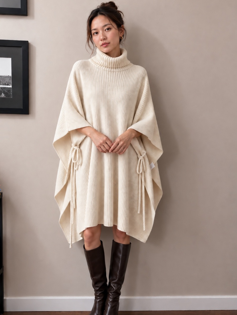 Oak + Fort Cream Ribbed Turtleneck Poncho Sweater Dress – One Size